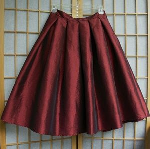 Wine Red Taffeta Pleated Midi Skirt